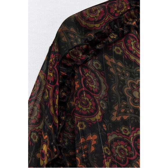 NWT ZARA Black Floral Ruffled Mini Skater Dress Metallic Striping Sz Medium - Picture 4 of 9